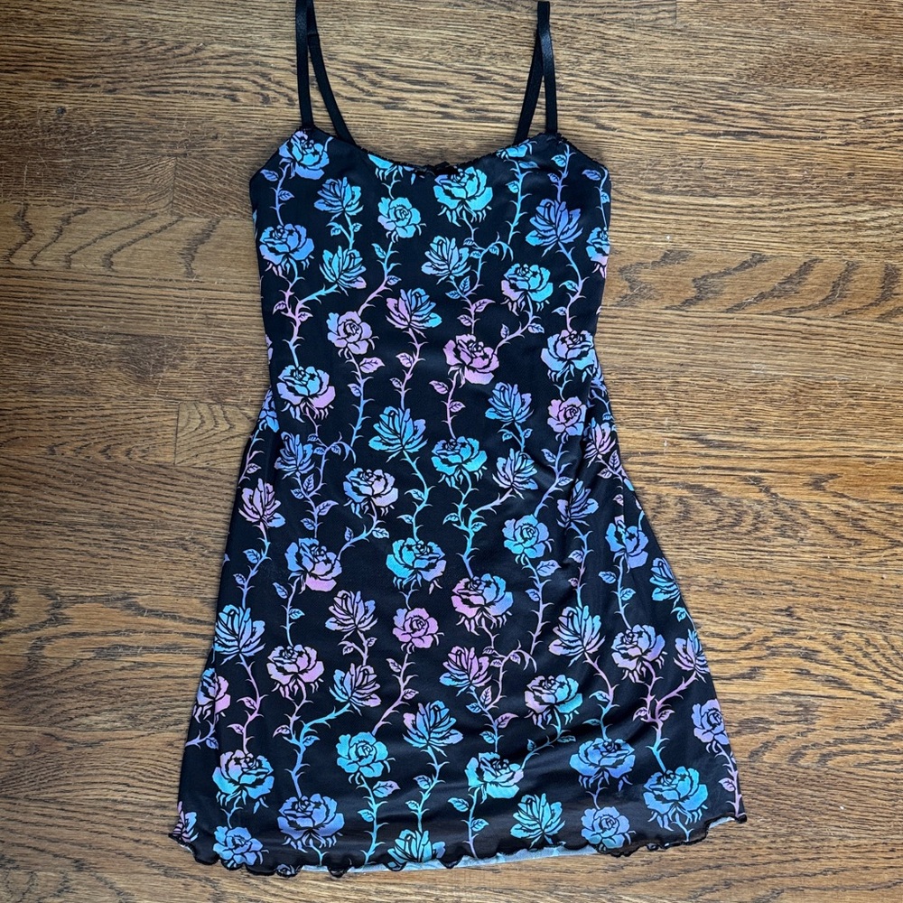 Floral Slip Mini Dress in Black with Iridescent Blue-Purple Roses